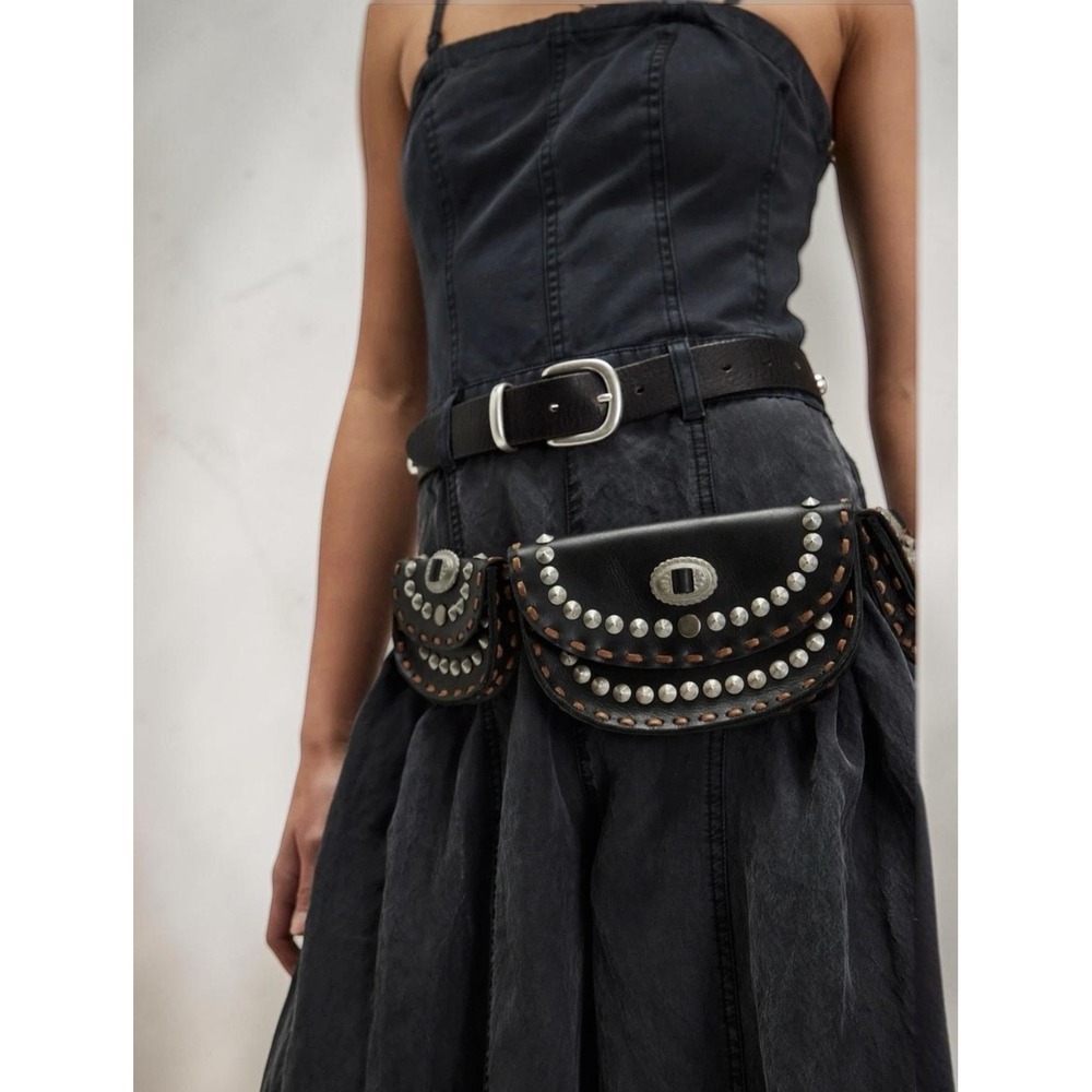 Free People Lucky Stars Leather Pocket Belt Bag Western Festival Women's S M NWT